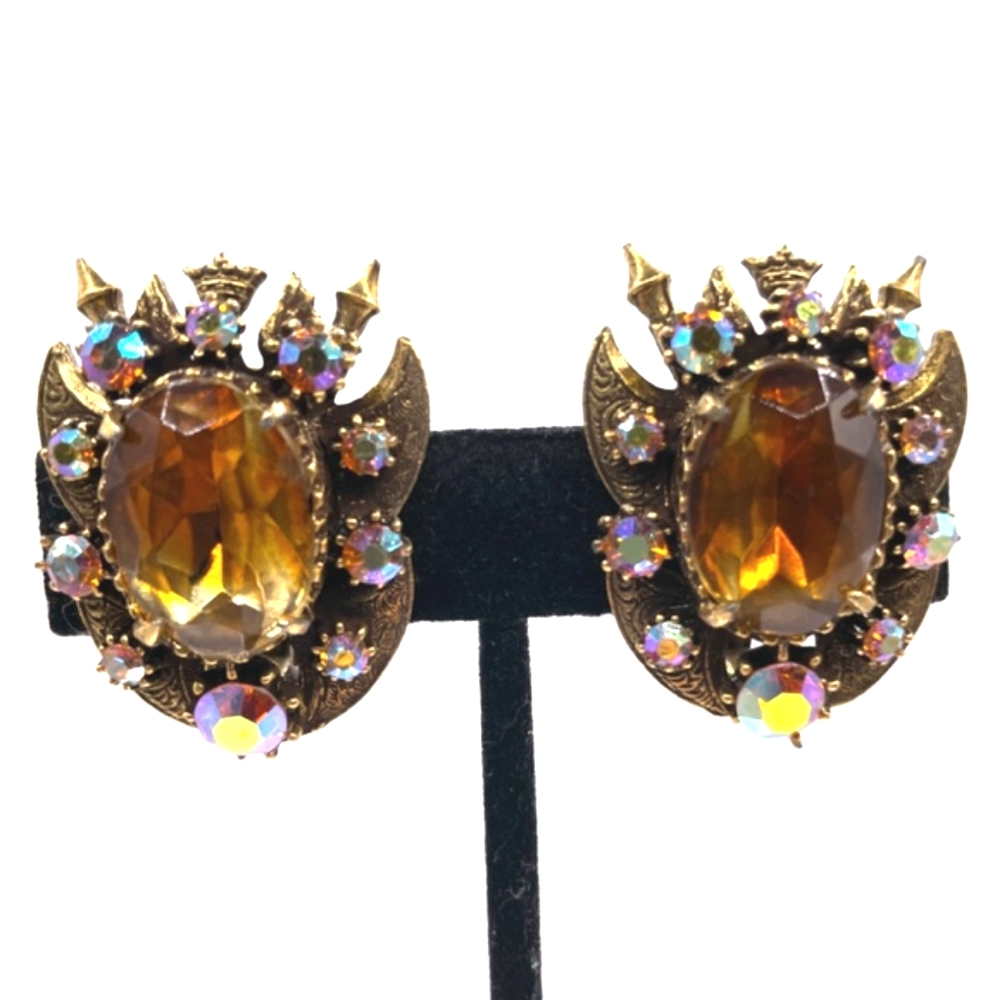 Florenza Signed Vintage AB Amber Rhinestone Clip-on Earrings